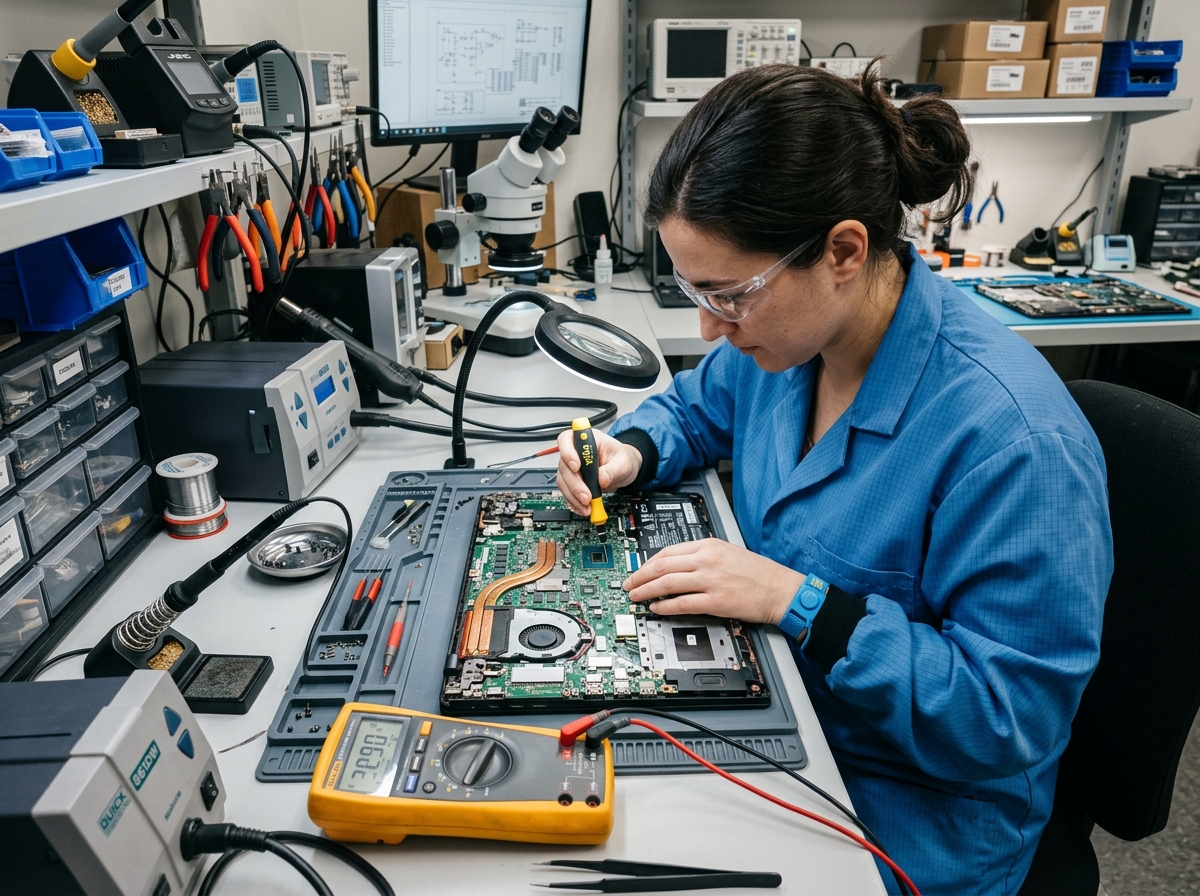 Laptop motherboard repair technician on workbench with multimeter